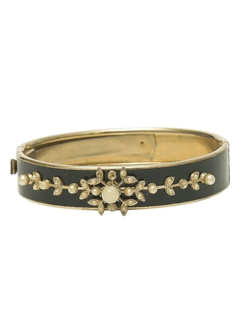 Vintage Victorian Revival Bangle Bracelet Black Enamel Faux Pearl Goldplate